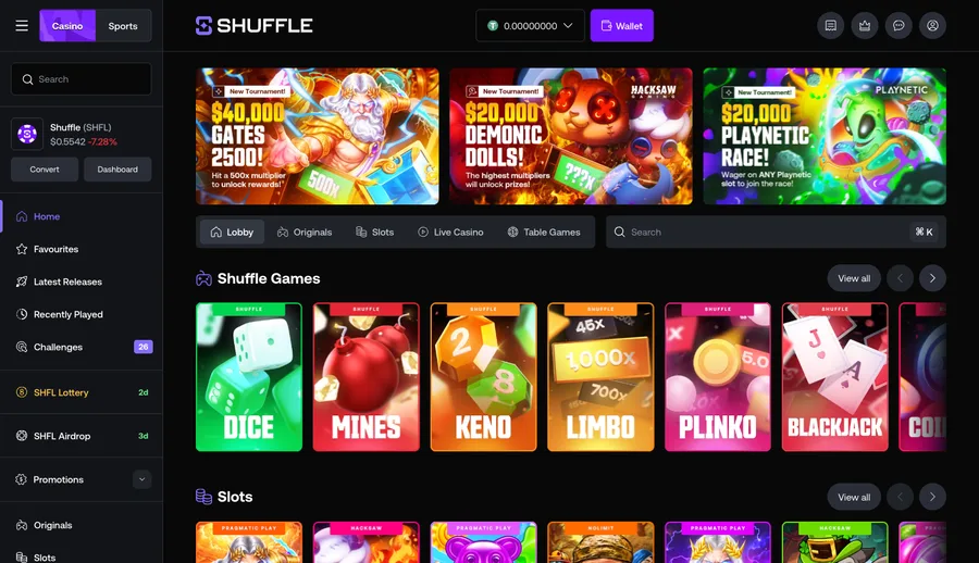 Shuffle casino lobby in a desktop browser