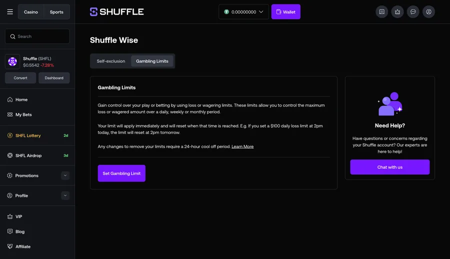 Gambling limits screen with loss and wager limits